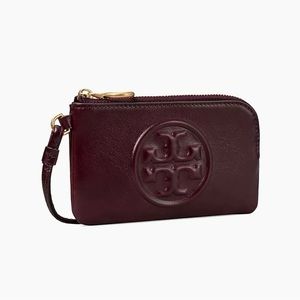 Tory Burch Perry Bombe Glazed Zip Maroon Leather Card Case/Wallet/Wristlet